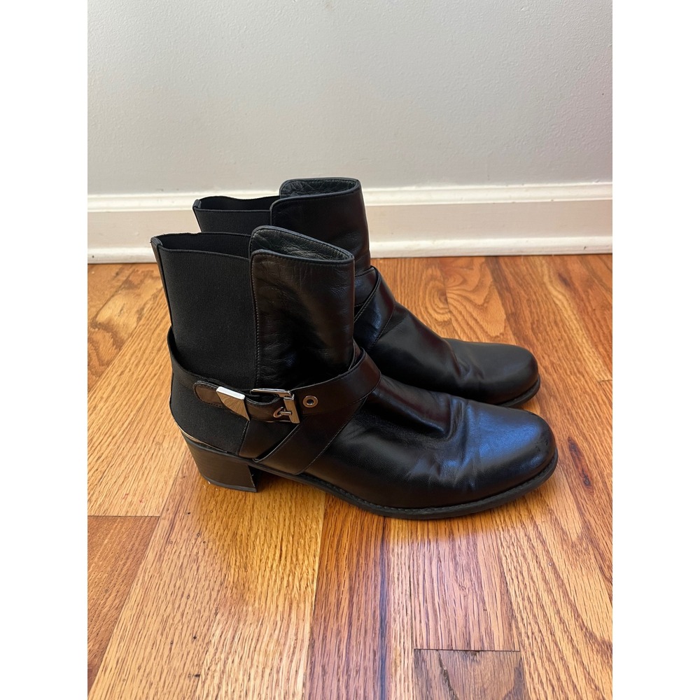 Stuart Weitzman Black Leather Buckle Moto Ankle Boots Block Heel Spain 8.5M